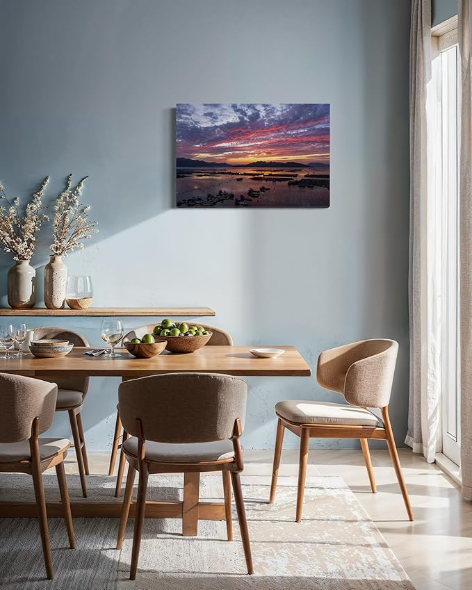 Oriental Beauty: Stunning Feng Shui Landscape Wall Art Prints for Home Decor in 3 Sizes (Serene Sunset Over a Coastal Fishing Village, 20" x 30")