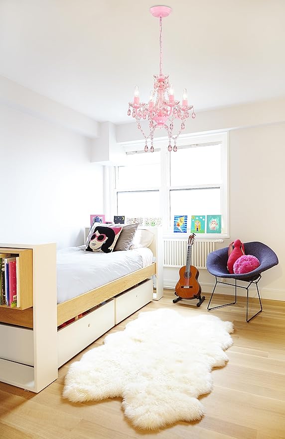 LaLuLa Mini Chandelier with Acrylic Crystals Pink Chandelier 4 Light Modern Chandeliers for Bedroom and Girls Room