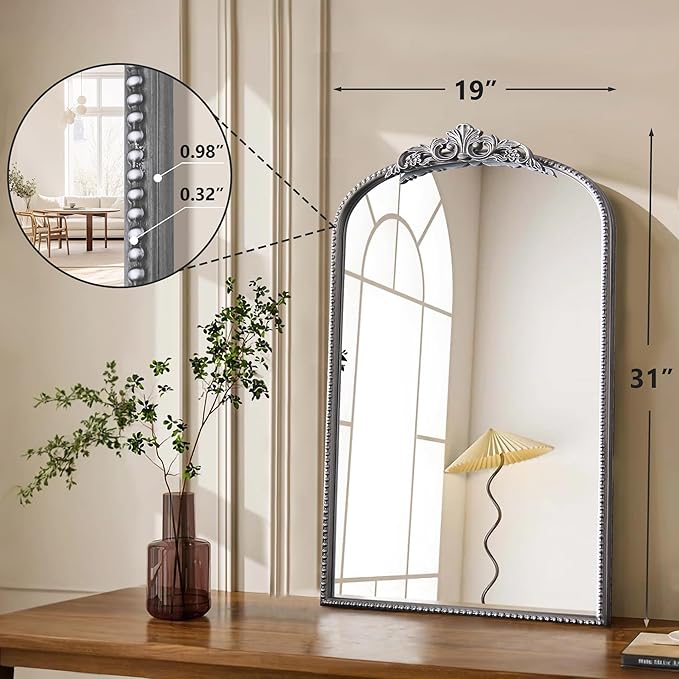 Micasso Vintage Arched Silver Mirror: 31"x19" French Baroque Antique Mirror - Traditional Ornate Decorative Mirrors for Wall/Bathroom/Entryway/Fireplace/Hallway - Home Decor for Living Room