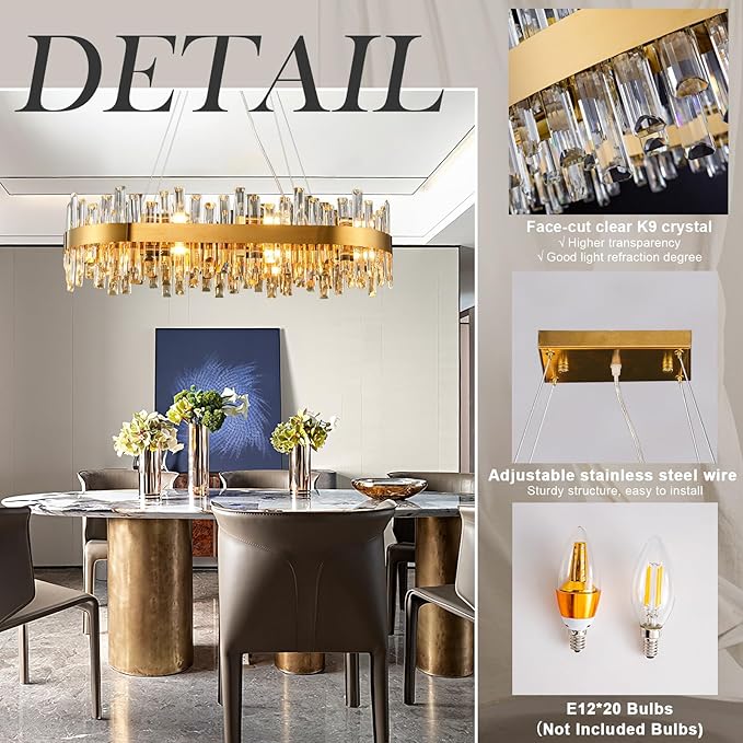 Modern Crystal Chandeliers, Luxury Rectangular 2 Tiers K9 Crystal Chandelier, 16-Light Brass Gold Rectangle Oval Flush Mount Ceiling Light Fixture for Dining Room Kitchen Foyer, L35.4''