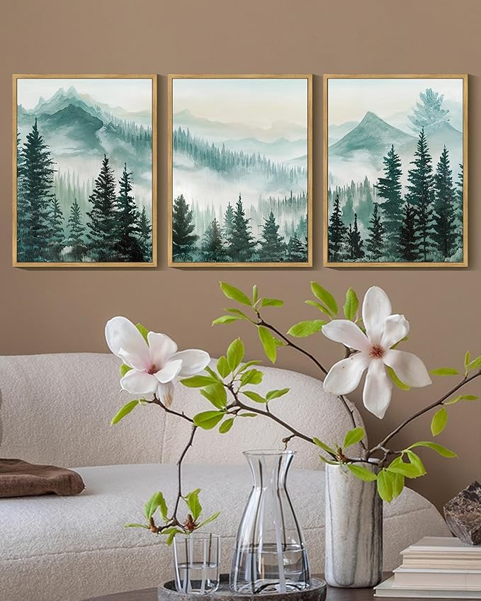 KUVIOKE Fog Pine Tree Mountain Landscape Framed Wall Art Watercolor Nature Misty Forest Painting Vintage Farmhouse Rustic Wall Decor for Bedroom Hallway 11x14in (Natural Framed)