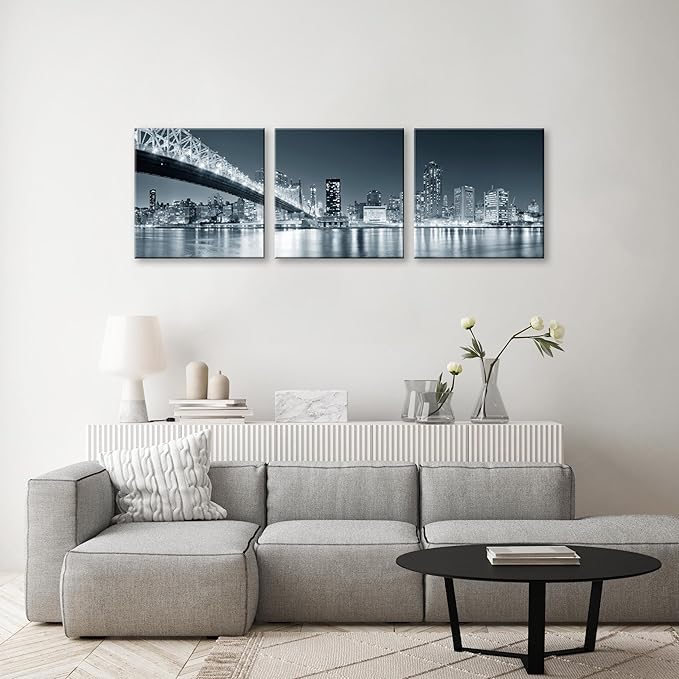 New York City Skyline Panoramic Canvas Art Black and White Brooklyn Bridge Night Scene 3 Panel Modern Urban Landscape Wall Decor Skyscrapers Reflection Print Living Room Office Bedroom Home Decoration