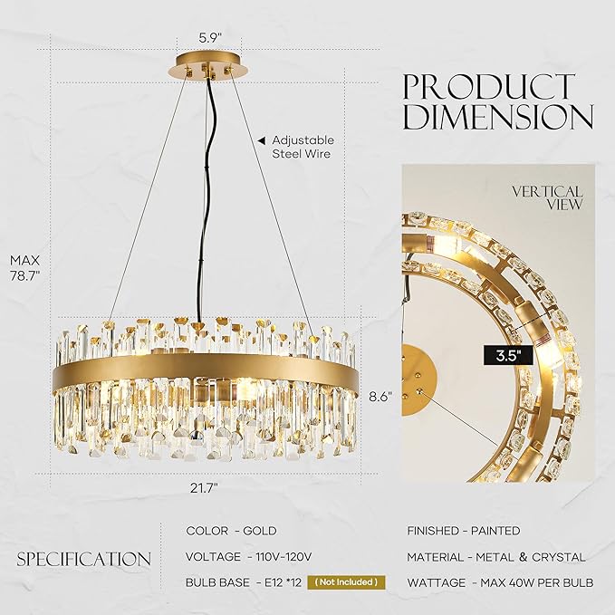 21.7" Gold Modern Crystal Chandelier Light Fixtures Luxury 2 Rings Crystal Chandeliers for Dining Room 12-Light Round Hanging Pendant Lighting for Living Room Kitchen Island Entryway Bedroom