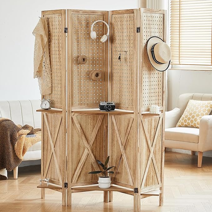 4 Panel Pegboard Room Divider with Shelves, Wood Room Divider and Folding Privacy Screen, Peg Board Display Stand Wall Divider for Room Separation for Craft Shows Events Retail, Natural