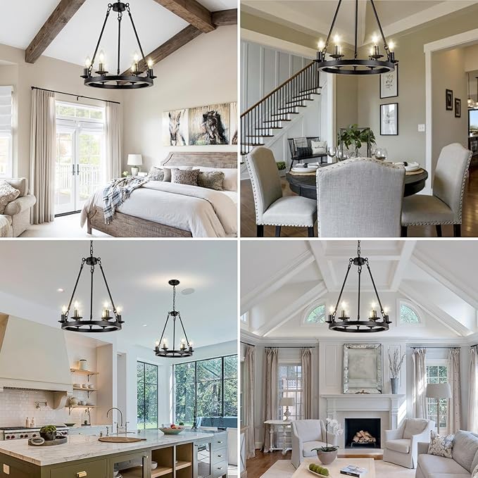 6-Light Black Wagon Wheel Chandelier, Modern Farmhouse Chandelier Rustic Industrial Round Small Wagon Wheel Light for Dining Room, Kitchen, Bedroom, Living Room,Entryways