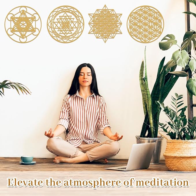 Leinuosen 4 Pcs 12 Inch Crystal Grid Board Sacred Geometric Wall Art Set Metatron Cube, Flower of Life, Sri Yantra, 64 Star Tetrahedron Pagan Decor Home Wall Decor for Room(Gold)