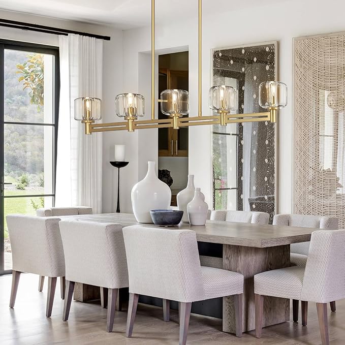 Modern Crystal Chandelier, 54" Large Gold Rectangle Chandeliers for Dining Room, 5-Light Kitchen Island Lighting, Light Fixtures Over Table,Pendant Lighting Fixture for Dining Room Bedroom