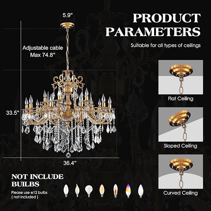 Antique Bronze Crystal Chandeliers, Luxury Gold Candle Pendant Ceiling Light Fixture, 15 Lights Golden Crystal Chandelier for Dining Room, Living Room, Bedroom, Kitchen Island, Hallway