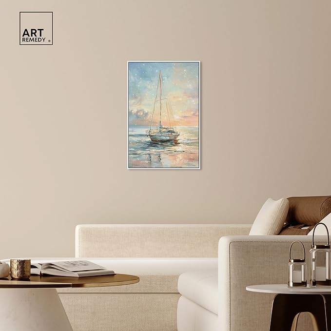 Art Remedy Boat On The Shore Framed Sailing 1 Piece Canvas Wall Art, 25" x 37", White Frame