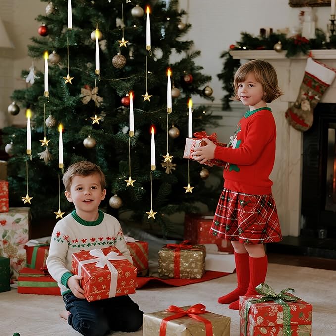 Christmas Tree Candles, 10 Pack Flameless Taper Candles for Christmas Tree Decor, Fake LED Candle Battery Operated with Remote for Xmas Wedding Home Gift with Gold Star Hook