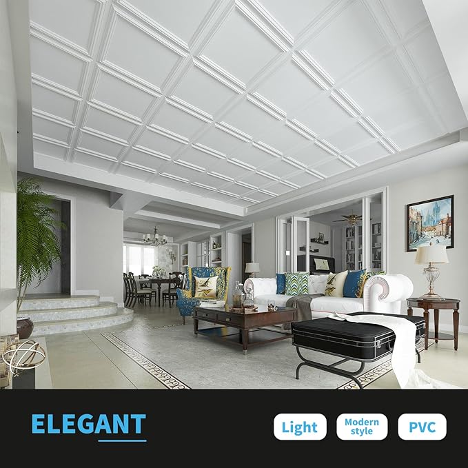 Art3d 24-Pack Drop Relief Ceiling Tiles for Home, Office & Commercial Space, 24 x 24in PVC Waterproof 3D Wall Panels Cover 96 Sq. Ft, White