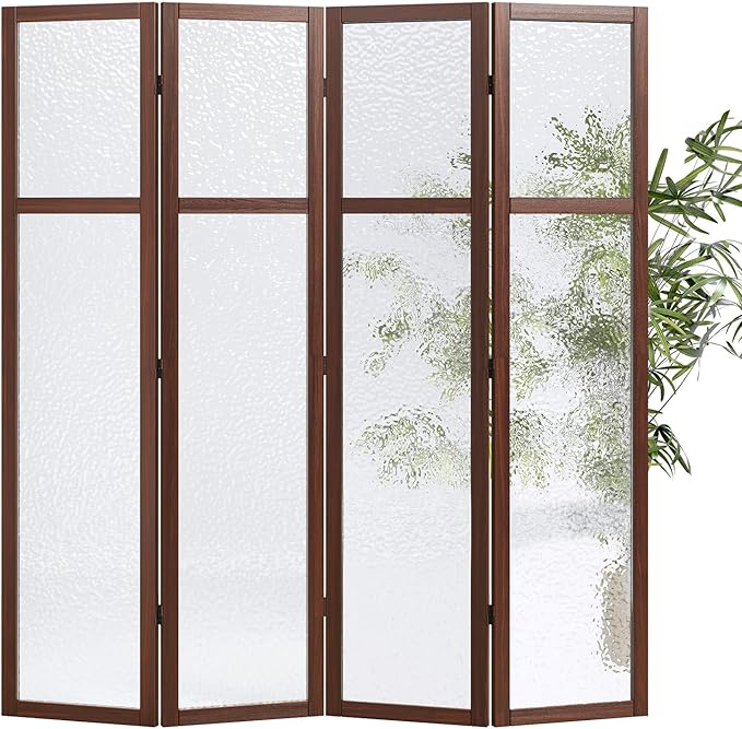 Acrylic Room Divider, 4-Panel Freestanding Partition Screen, Frosted Translucent Privacy Panel - Lightweight Modern Divider for Home Office Studio (Walnut, 4 Panels)