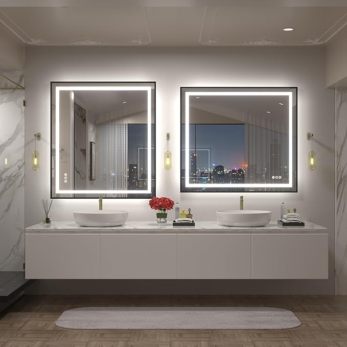 40x36 LED Lighted Bathroom Mirror, Black Frame Vanity Mirrors with Lights, 3 Colors, Anti-Fog, Shatterproof, Backlit and Front Lights, Memory, ETL Listed (Vertically/Horizontally)