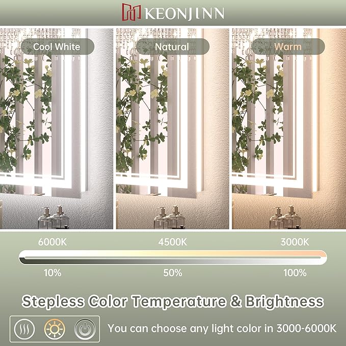 Keonjinn LED Bathroom Mirror 30 x 36 Inch with Front and Back Light, Stepless 3 Colors Temperature & Dimmable Backlit Mirror, UL Listed LED Driver, Double Lights Tempered Glass LED Wall Vanity Mirror