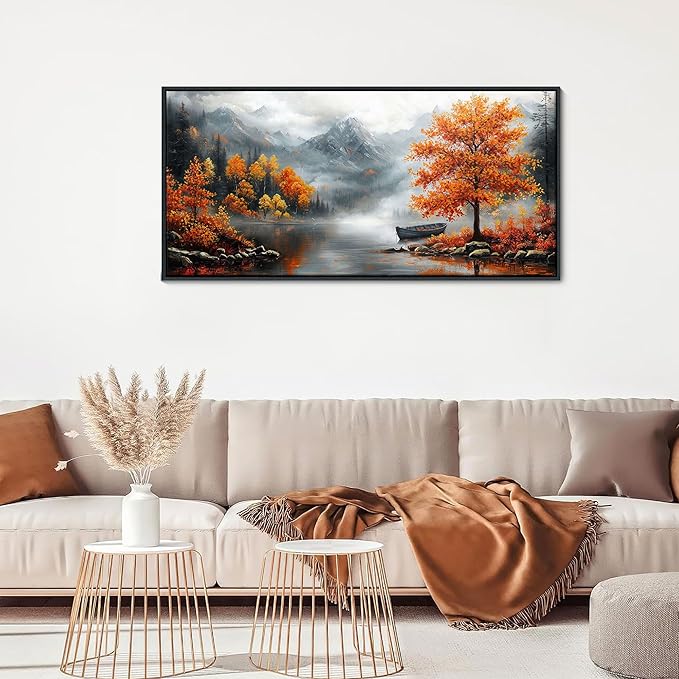 JEAWA Framed Canvas Wall Art - 20x40 IN Landscape Painting Decor Ready to Hang, Majestic Mountain Picture, Orange Trees by the Lake Art Prints for Bedroom Bathroom Home Decoration