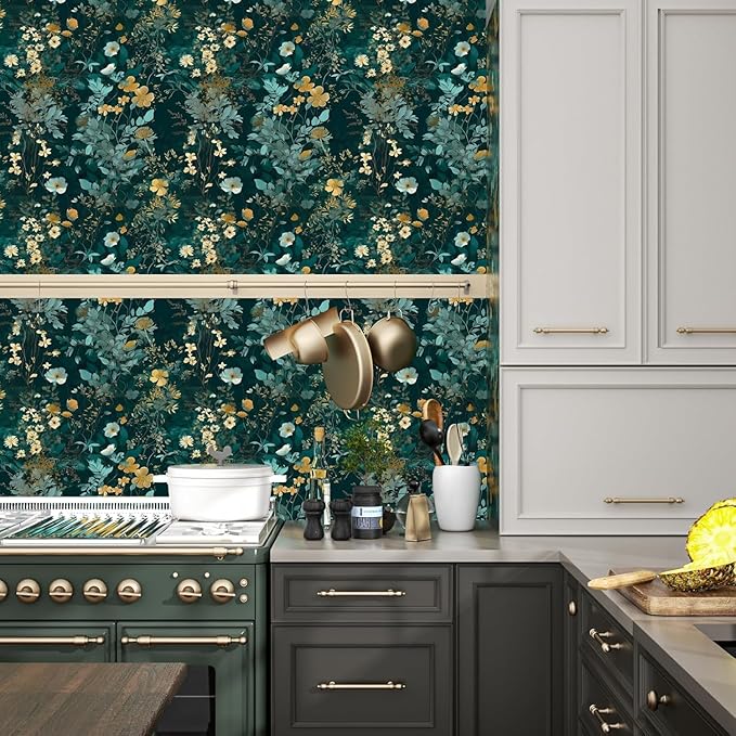Blue Floral Peel and Stick Wallpaper Boho Leaf Contact Paper Dark Watercolor Removable Self Adhesive Waterproof Wall Paper for Cabinet Drawers Wall Decor Renter Friendly 17.5''x393''