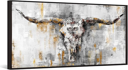KREATIVE ARTS Vintage Bull Skull Canvas Wall Art 20x40 Inch Longhorn Head Print with Black Frame Rustic Cow Skull Painting for Farmhouse Living Room Bedroom Western Country Wildlife