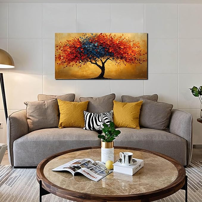 CANEITO Tree Wall Art for Living Room, Red Blue and Gold Wall-Decor for Bedroom, Natural Canvas Prints Pictures for Hallway Office, Size 40x20 Inches
