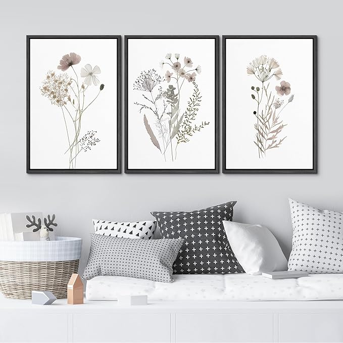 MUDECOR Framed Canvas Print Wall Art Watercolor Wildflower Art Print, Floral Botanical Prints, Minimalist Art, Modern Farmhouse for Bedroom - 16"x24"x3 Black