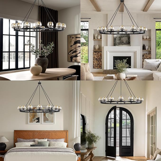 Black Wagon Wheel Chandelier, 59 Inch Black Chandeliers with Unique Glass Shade, 15-Light Crystal Large Wagon Wheel Chandeliers for Dining Room, High Ceiling Round Chandelier for Living Room, Foyer