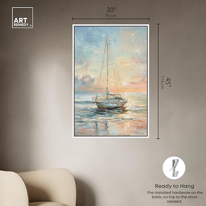 Art Remedy Boat On The Shore Framed Sailing 1 Piece Canvas Wall Art, 31" x 46", White Frame