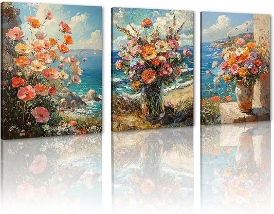 Bouquet on the Beach Vintage Flower Canvas Wall Art French Country Floral in Vase Prints Oil Painting Farmhouse Still Life Poster for Bedroom Living Room Framed - 12x16inchx3pcs