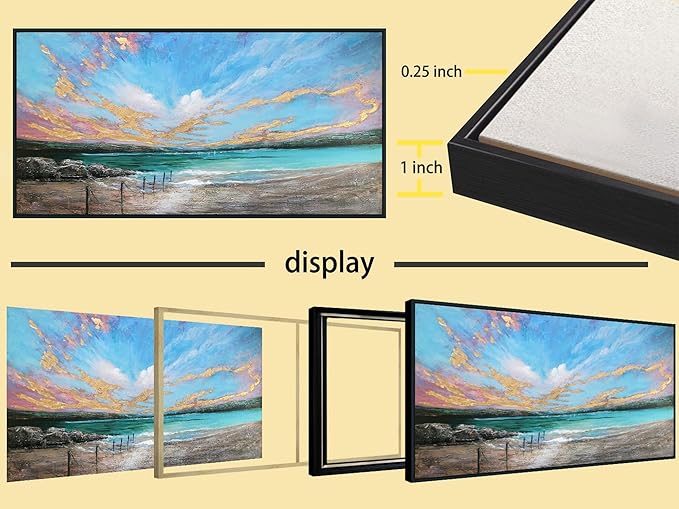 Arjun Ocean Canvas Wall Art Teal Coastal Beach Painting Blue Sky Nature Turquoise Landscape Panoramic Picture Textured Artwork for Living Room Bedroom Wall Decor, Large Size Black Wood Framed 40"x20"