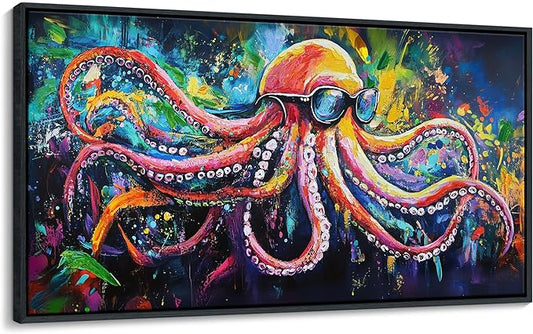 JEAWA Large Framed Wall Art - Funny Octopus Wearing Sunglasses Modern Street Graffiti Texture Wall Painting for Living Room Bedroom Teenage Boy Room Game Room Cool Posters Decor 24x48 IN