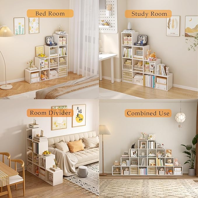 Ladder Cube Storage Bookcase - Wooden L-Shaped 4-Tier Corner Shelf, Reversible 10-Cube Organizer for Home & Office, White