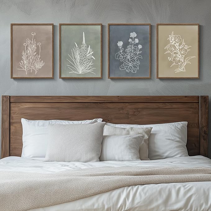 Boho Framed Botanical Wall Art for Bedroom, 4 Piece Vintage Neutral Floral Canvas Painting Prints for Modern Farmhouse, Minimalist Rustic Flower Pictures for Living Room Kitchen Dining Room Home Decor