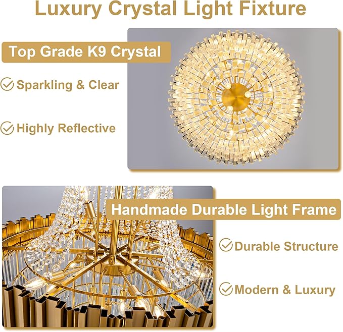 54" Long Crystal Chandelier for High Ceilings, 21-Light Modern Gold Large Chandeliers for Staircase, Foyer, Entryway, Living Room, Hallway, Luxury Top K9 Crystal Tiered Ceiling Light Fixture