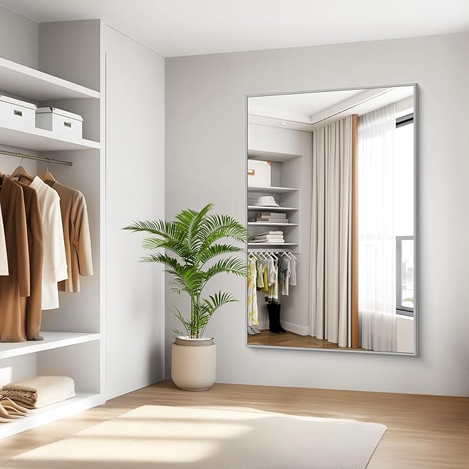 KOCUUY Silver Bathroom Mirror, 60"x40" Large Rectangle Bathroom Mirror for Wall, HD Tempered Glass, Anti-Rust Brushed Silver Frame, Modern Design for Bathroom, Bedroom, Hang Horizontal/Vertical