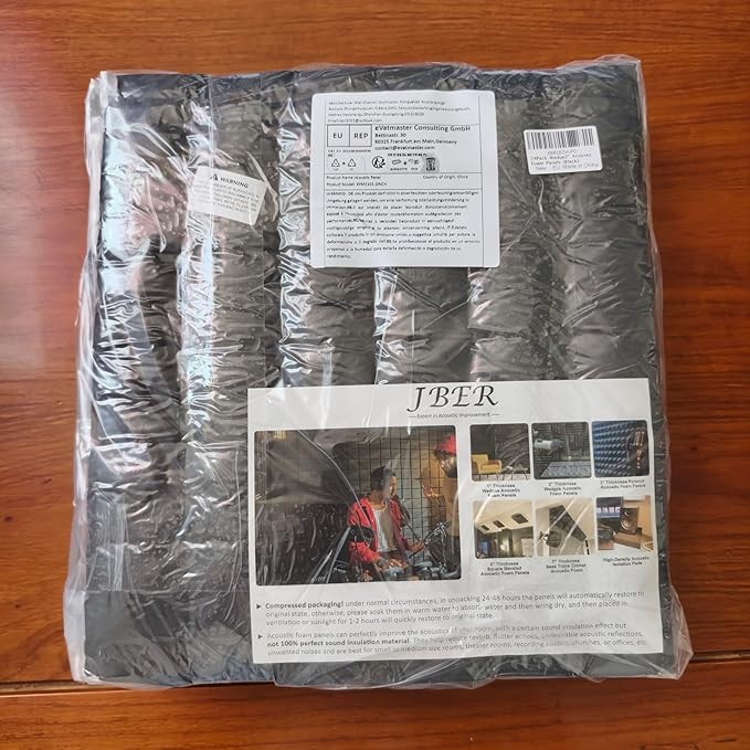 JBER 24Pack Pyramid sound proof foam panels, 2" X 12" X 12" Self-Adhesive Acoustic Wall Paddings for Home Office Studios (Black)