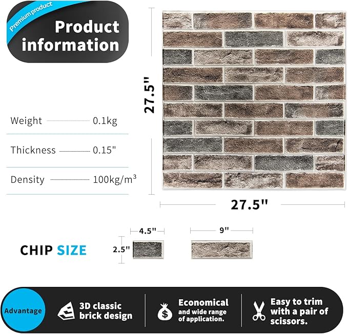 Art3d 10-Pack 52.5 Sq.Ft Faux Brick 3D Wall Panels Peel and Stick in Gray Brown, Self Adhesive Waterproof Foam Wallpaper for Bedroom, Bathroom, Kitchen