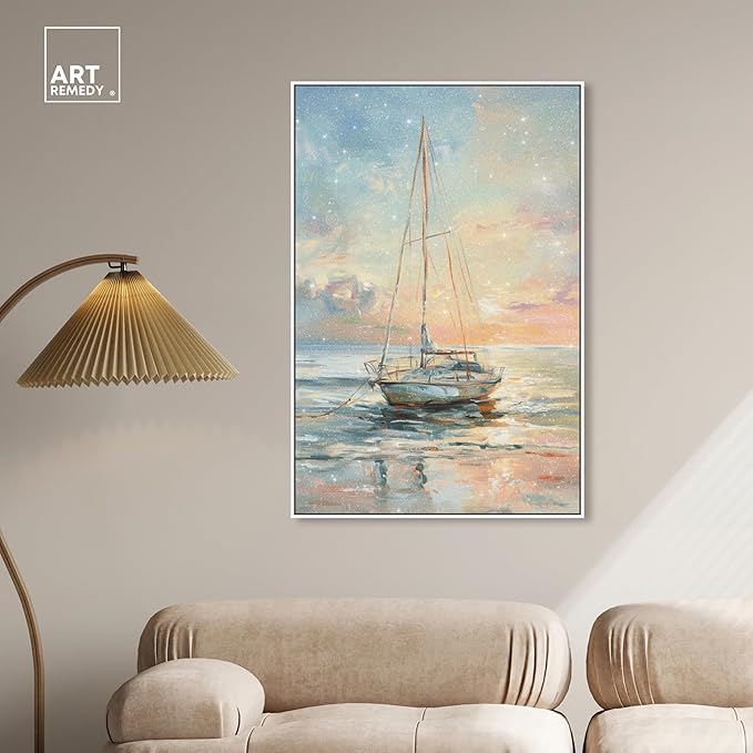 Art Remedy Boat On The Shore Framed Sailing 1 Piece Canvas Wall Art, 31" x 46", White Frame