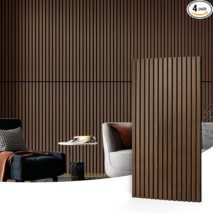 Art3d 4 Pack 47.2 x 23.6in. Wood Slat Acoustic Panels for Wall and Ceiling - 3D Fluted Sound Absorbing Panel with Wood Finish - Dark Walnut