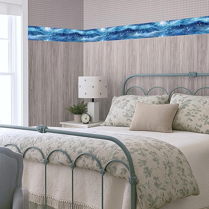 Blue Galaxy Wallpaper Border 196x4 Inch Peel and Stick Wall Border Self Adhesive Cosmic Starry Sky Removable Vinyl Trim for Living Room Bedroom Bathroom Kitchen Cabinet Decoration