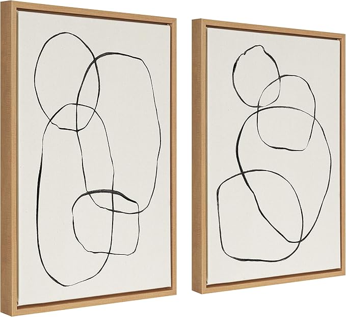 Kate and Laurel Sylvie Modern Circles and Going in Circles Framed Linen Textured Canvas Wall Art by Teju Reval, Set of 2, 18x24 Natural, Beautiful Abstract Wall Decor