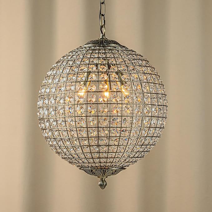 ALOADECOR 3-Light 16" Retro Antique Gold Crystal Globe Chandelier Sphere Cage-Style Shade Pendant Light for Kitchen Isl and Dining Room