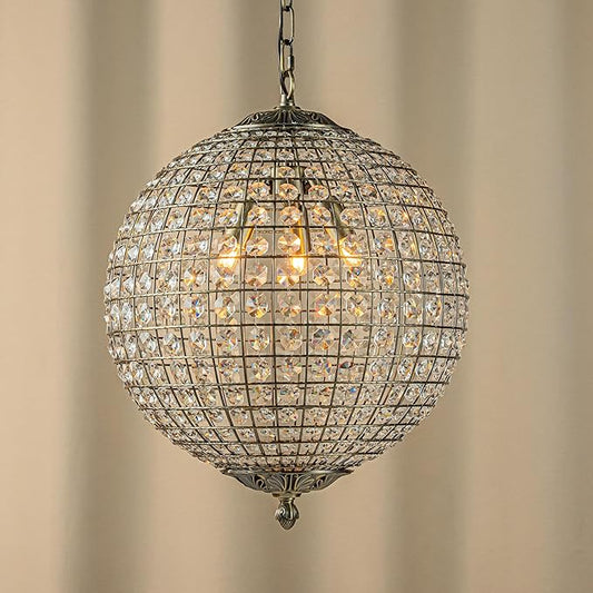 ALOADECOR 3-Light 16" Retro Antique Gold Crystal Globe Chandelier Sphere Cage-Style Shade Pendant Light for Kitchen Isl and Dining Room