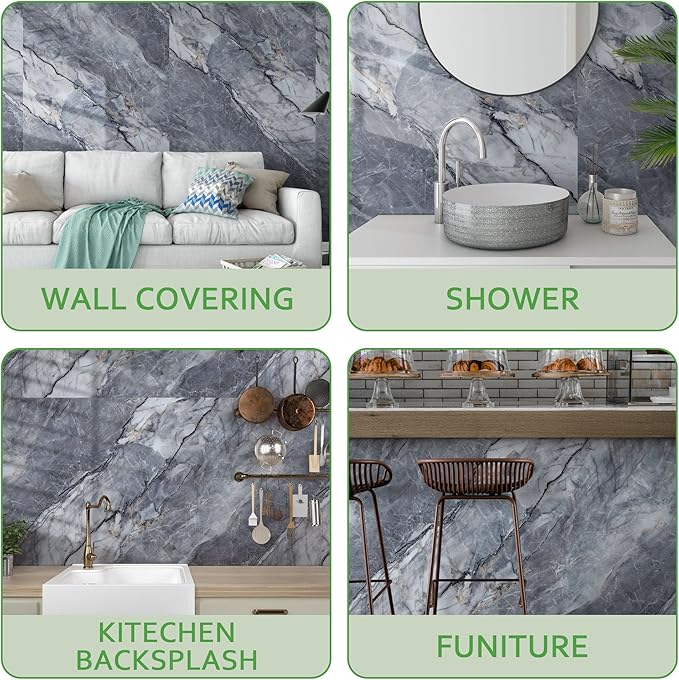 Marble Peel and Stick Waterproof Wall Paneling, 118" x 47" Pietra Grey Glossy Finish Self-Adhesive Backsplash Tile Vinyl Wall Panel for Kitchen Bathroom Wall Decor, Covers 38.75 Sq. Ft.