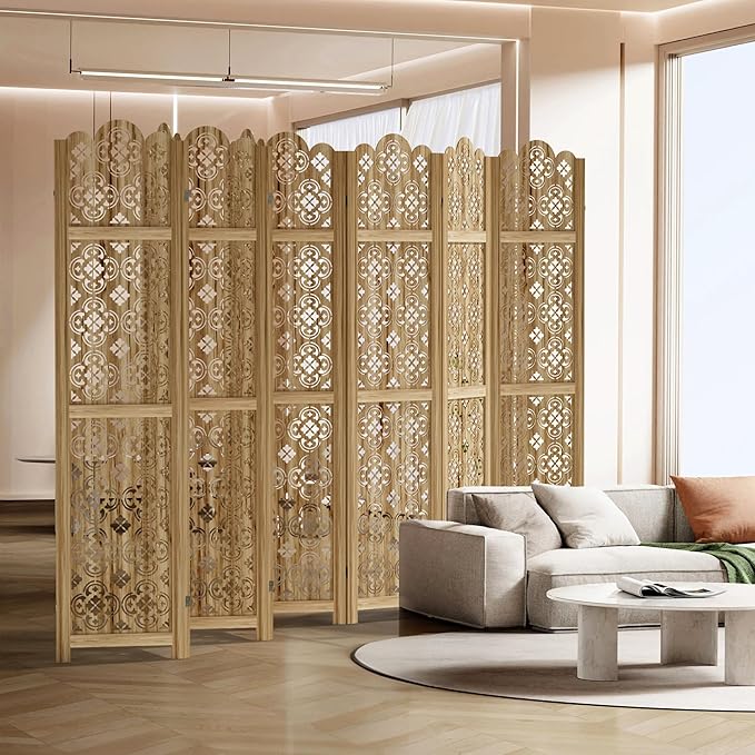 Casaphoria 8 Panels Room Divider, Folding Screen Room Divider with Copper Coin Pattern for Home Office, Restaurant and Bedroom, Paulownia Wood, 127" W x 67" H (Natural)