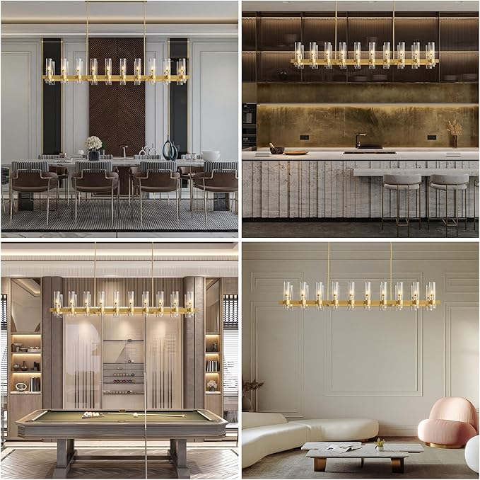 Brass Kitchen Island Lighting-20-Light Linear Chandelier, Adjustable 67.7'' Modern Farmhouse Rectangle Pendant Light Fixtures, Dining Room, Bedroom