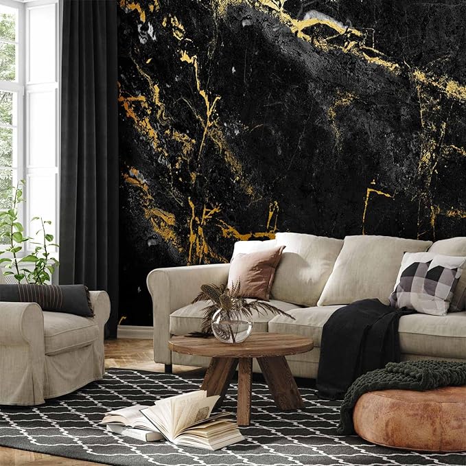 artgeist Premium Wall Mural Stone Wall 118x83 in - XXL Non-Woven Wallpaper Fleece Wall Decor Photo Print Picture Image Design Marble Like Abstract 3D Golden Black f-C-0461-a-a