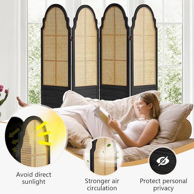 4 Panel Rattan Room Divider, 6 FT Tall Portable Partition Solid Wood Frame Folding Privacy Screen, Partition Room Divider Ideal for Bedroom Living Room Office, Black