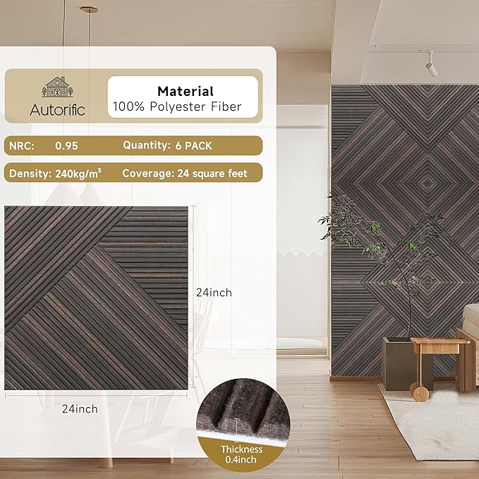 Acoustic Panels for Wall and Ceiling - 6 Pack 2'x2'x0.4",Self-Adhesive 3D UV Printing Decorative Wall Panels with Wood Look,Rustic Walnut