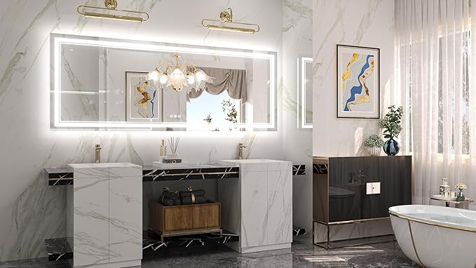 Keonjinn LED Bathroom Mirror 84" x 32" with Frontlit and Back Light, Large Tempered Glass Stepless 3 Colors Temperature & Dimmable Wall Mirror, UL Listed LED Driver, Double LED Strips, Anti-Fog Mirror