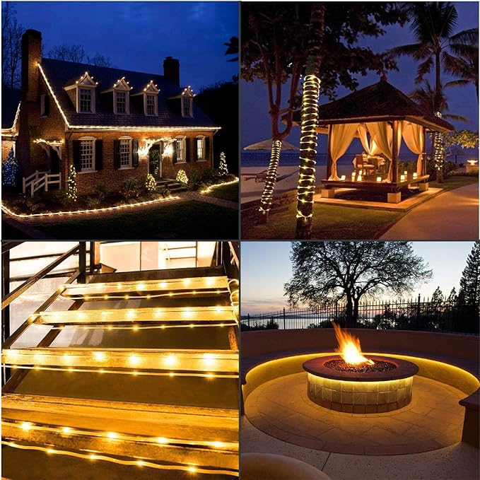 3000K Warm White Rope Lighting, 33ft Flat Flexible LED Strip Lights, Waterproof and Extendable Decor Lights for Garden Patio pergola Yard Christmas Holiday Activities