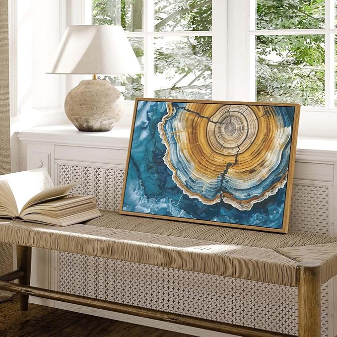 BingruiArt Framed Tree Ring Canvas Wall Art Abstract Wood Wall Decor Boho Modern Colorful Nature Painting Wood Stump Prints Pictures for Living Room Bedroom Bathroom Office 16"x24" Natural Framed(07)