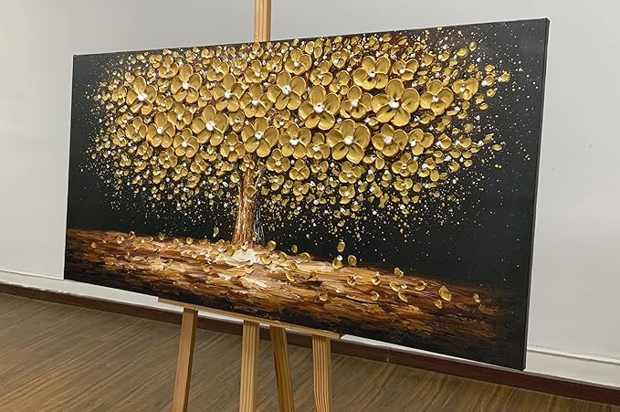 Art8YuQi Paintings - Contemporary Abstract Art Oil Painting On Canvas Texture 3D Golden Tree Gary Painting Handmade Artwork Picture Canvas Wall Art Modern Home Decor living room Ready to Hang